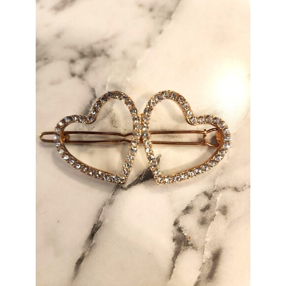 Double Heart Rhinestone Hair Clip Barrette Gold Tone - Picture 1 of 3